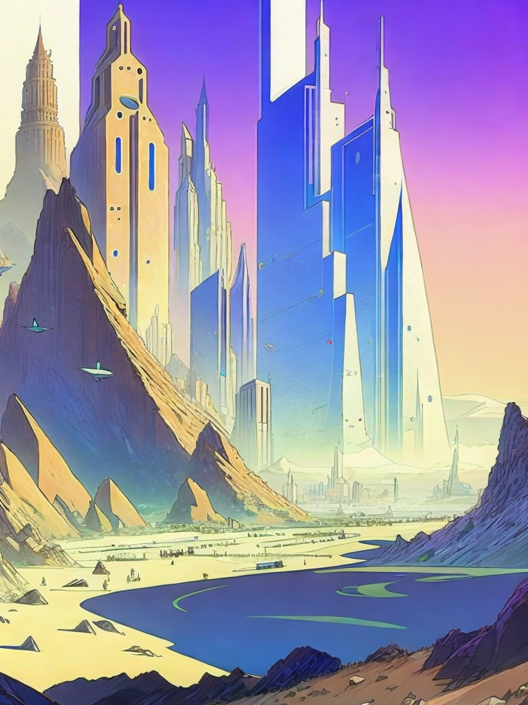 00704-2113423746-a painting of a futuristic city surrounded by rocks and other things on the ground by Moebius Jean Giraud.png